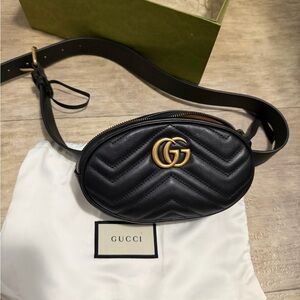 Gucci Black GG Marmont Chevron Leather Belt Bag with Gold Hardware size 85 waist